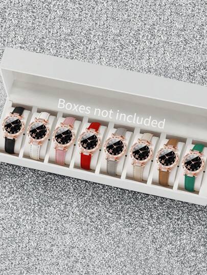 8 件/套女士时尚休闲水钻镶嵌数字花朵表盘石英手表组合情人节