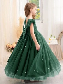 Tween Girl Party Dress With Bow Decor, Mesh Flutter Sleeves, Elegant Princess Style, Suitable For Girls Birthday Gift, Banquet, Ball, Party, Wedding Ceremony, Piano Recital, School Performance - Dark Green - View 6