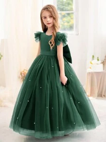 Tween Girl Party Dress With Bow Decor, Mesh Flutter Sleeves, Elegant Princess Style, Suitable For Girls Birthday Gift, Banquet, Ball, Party, Wedding Ceremony, Piano Recital, School Performance - Dark Green - View 5