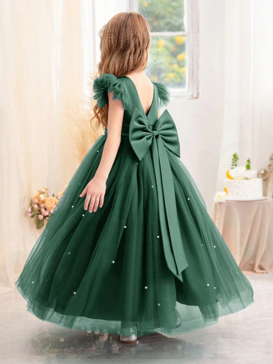 Tween Girl Party Dress With Bow Decor, Mesh Flutter Sleeves, Elegant Princess Style, Suitable For Girls Birthday Gift, Banquet, Ball, Party, Wedding Ceremony, Piano Recital, School Performance - Dark Green - View 1