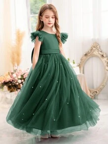 Tween Girl Party Dress With Bow Decor, Mesh Flutter Sleeves, Elegant Princess Style, Suitable For Girls Birthday Gift, Banquet, Ball, Party, Wedding Ceremony, Piano Recital, School Performance - Dark Green - View 3