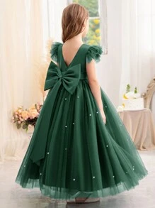 Tween Girl Party Dress With Bow Decor, Mesh Flutter Sleeves, Elegant Princess Style, Suitable For Girls Birthday Gift, Banquet, Ball, Party, Wedding Ceremony, Piano Recital, School Performance - Dark Green - View 4