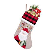 Tất Giáng sinh - Thân bằng vải lanh họa tiết kẻ caro đen và đỏ, có thiết kế 3D hình ông già Noel/người tuyết/tuần lộc/gấu bắc cực, trang trí tường nhà ngày lễ Giáng sinh, đồ trang trí treo cây thông Noel, tất quà tặng, Giáng sinh - Vải lanh giả màu vàng - Xem 15