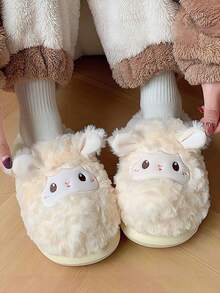 毛绒粉色拖鞋，配可爱绵羊卡通动物耳朵，平底软底女士室内拖鞋，冬季保暖毛绒一脚蹬拖鞋，舒适的家居鞋 - 白色 - 查看 7