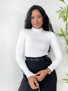 Kit 2 Cacharrel Women's Second Skin Blouse Long Sleeve High Neck Ribbed Cotton - 黑與白 - 查看 4