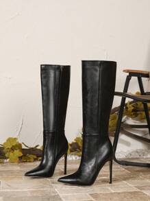 Ideal With Tops, 12cm Sexy Black Pointed Toe Side Zipper Casual Slim Fit Knee-High Boots For Women, Winter,Party