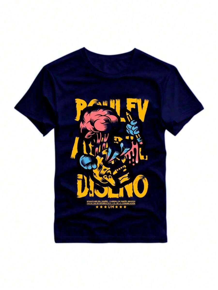 Brain Printed T-Shirt,T-Shirts For Men,Summer Casual Short Sleeve T-Shirt - 藏蓝色 - 查看 1