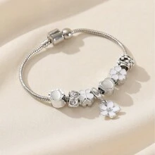 1pc Elegant Luxury Rhinestone Bracelet, White Flower Butterfly Beaded Charm Bracelet Valentines,Mom,Mother,Mother's Day,Gift