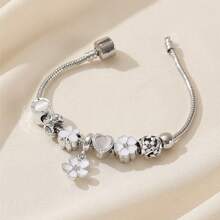 1pc Elegant Luxury Rhinestone Bracelet, White Flower Butterfly Beaded Charm Bracelet Valentines,Mom,Mother,Mother's Day,Gift