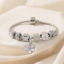 1pc Elegant Luxury Rhinestone Bracelet, White Flower Butterfly Beaded Charm Bracelet Valentines,Mom,Mother,Mother's Day,Gift