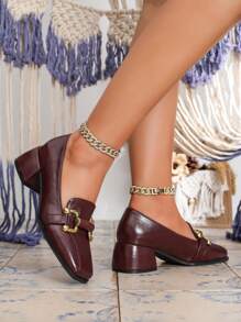 Women's High Heel Loafers, Fashion Square Toe, Black Casual Chunky Heel Retro Chain Mule Shoes - Brown - View 2