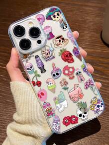 1 件骷髅拼贴图案透明防震防指纹全覆盖镜头手机壳适用于 iPhone - 彩色 - 查看 1