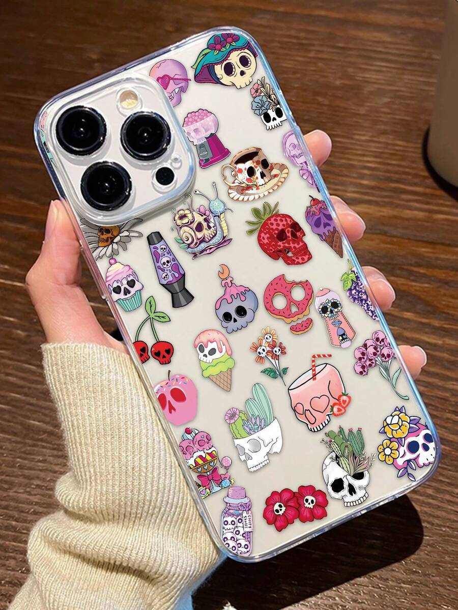 1 件骷髅拼贴图案透明防震防指纹全覆盖镜头手机壳适用于 iPhone - 彩色 - 查看 1