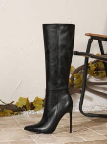 Ideal With Tops, 12cm Sexy Black Pointed Toe Side Zipper Casual Slim Fit Knee-High Boots For Women, Winter,Party