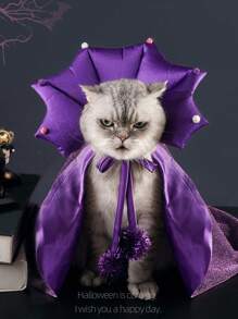 ABLAZE ZAI طقم قبعة ساحرة وكاب من البوليستر، بنمط نجوم بنفسجي، كاب ذو رباط قابل للسحب مناسب لأزياء هالوين للقطط والكلاب قطعة واحدة