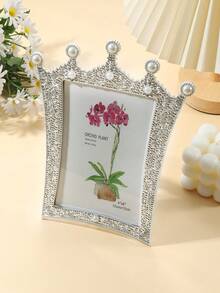 1pc Crown Shaped Photo Frame Inlaid With Faux Pearl And Rhinestone, Holds 3", 6", 7" Photos, Suitable For Room Decor, Home Decor, Halloween Decor (Photo Paper Shipped Randomly) - Silver With Pearls and Rhinestones - View 5