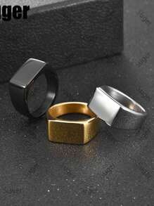 Flat Top Square Band Signet Ring Men Oxidized Silver Color Stainless Steel Vintage Rustic Male Jewelry - Dorado - Ver 3