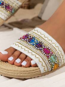 Women's Beige Woven Slide Sandals, Casual Summer Open Toe Flat Beach Slippers