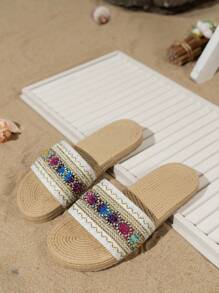 Women's Beige Woven Slide Sandals, Casual Summer Open Toe Flat Beach Slippers