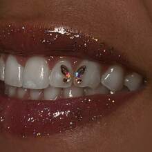 20pcs Y2K Champagne Gold Glitter Butterfly Tooth Gems Decor Set, Fake Diamond Teeth Accessories, Cute Kawaii Style Fashion Tooth Jewelry, For Daily, Party, Gift (Excluding Adhesive)