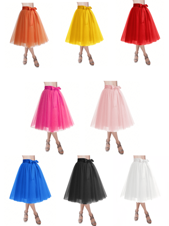 1pc Women Mid-Calf Length Solid Color Black, Pink, Red, White, Orange, Yellow, Baby Blue, Fuchsia Tutu Mesh Skirt, Princess Style, Layered, Elastic Waist, Suitable For Wedding, Party, Performance, Cosplay Halloween