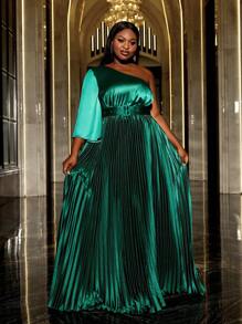 Faeriesty Plus One Shoulder Bell Sleeve Pleated Party Dress, Elegant Long Sleeve Formal Evening Prom Gown, For Wedding Guest, Graduation, Dinner