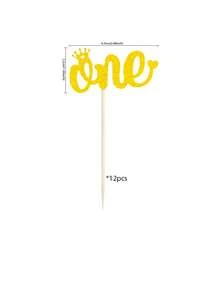 12 piezas Decoraciones para cupcakes de 1er cumpleaños, selecciones de cupcakes para la fiesta de primer cumpleaños, suministros de decoración de pasteles - Dorado - Ver 2