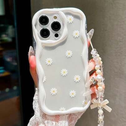 仿珍珠白时尚串珠波浪边雏菊手机壳，兼容 14 Pro Max、13、12/12 Pro、11、15、15 Pro Max、16、16 Pro Max、17 Pro Max，配有白色蝴蝶结挂绳，设计优雅，是春季礼物的理想之选。
