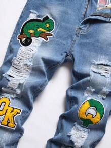 Jeans de moda pitillos con parche con letra y bolsillo roto para hombres - Negro - Ver 3