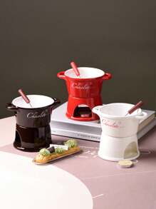 1 Set de Olla de Cerámica para Derretir Chocolate, Calentador de Queso, Olla de Fondue de Chocolate con Tenedor, Decoración de Cocina y Hogar, Apto para Bebidas Frías, Café, Tazas, Bebidas, Exterior, Picnic, Fiesta, Regalo de Cumpleaños