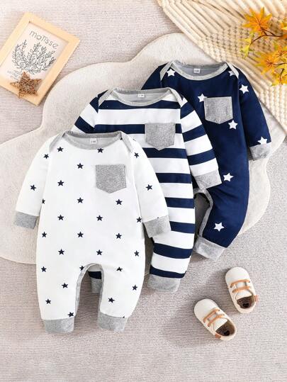 3件套男婴休闲舒适条纹星形图案长袖连体衣，轻薄透气，适合春夏穿着