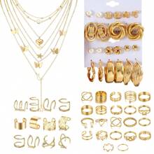 35pcs/86pcs/61pcs/64pcs Simple Metal Geometric Faux Pearl Butterfly, Heart Shaped Necklace, Earring, Ring Jewelry Set For Women, Gift For Vacation, Daily Wear - Yellow Gold - View 3