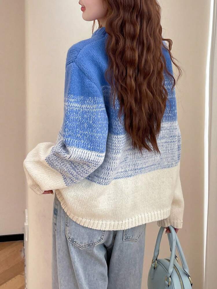 女士渐变条纹圆领针织衫，秋冬季 - 藍色 - 查看 2