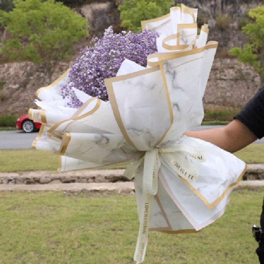 20pcs/Pack Gold Edged Marble Pattern Flower Wrapping Paper, Waterproof Matte Paper