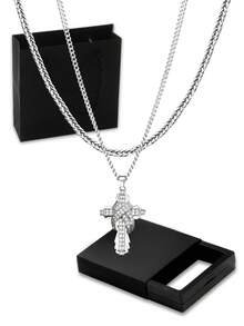 Nooxian 2pcs/Set Luxury Punk Cross Pendant Necklace For Men, Stainless Steel Chain With Bling Crystal Accents, Fashion Jewelry Gift - Silver - View 3