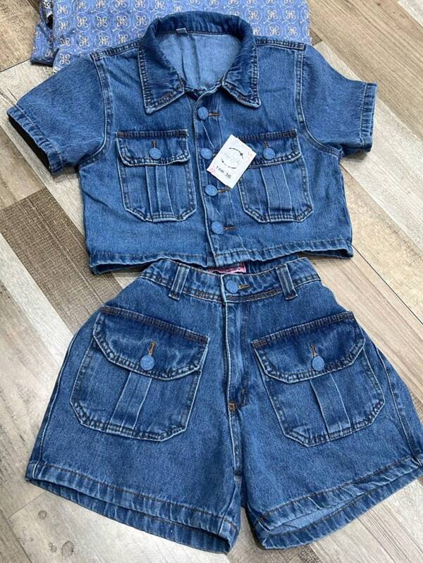 Conjunto Jaqueta Jean Manga Curto Short Modelo Novidade