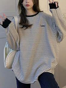 Sudadera de manga larga de rayas para mujer Estilo otoño e invierno Cuello redondo Sudadera casual - Albaricoque - Ver 4