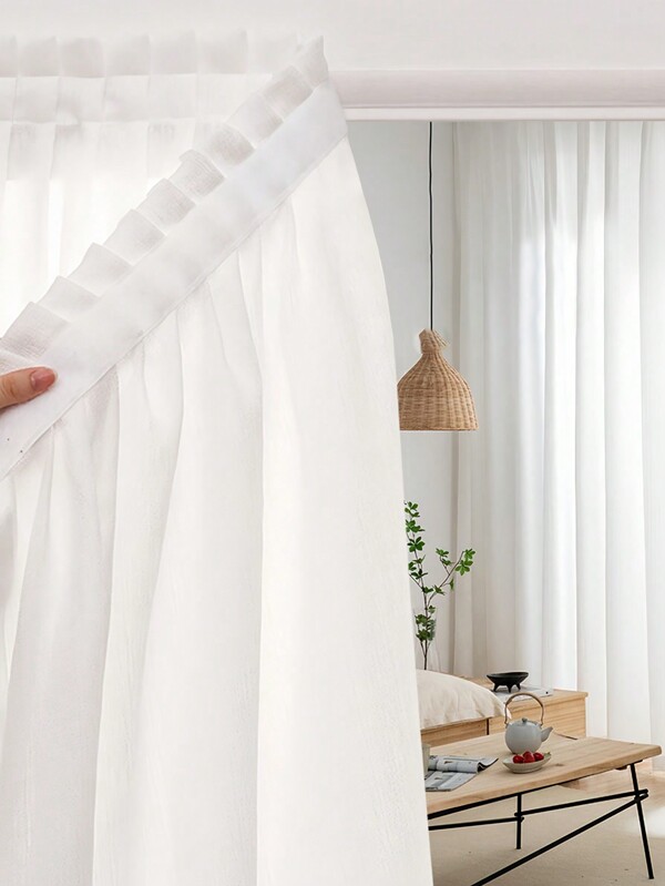 1pc Solid White Hook And Loop Curtain, No Drilling Needed, Easy To Install, Modern Style Polyester Material, Dustproof & UV-Resistant, Suitable For Kitchen, Bedroom, Living Room, Applicable For All Seasons, Can Be Used For Holiday Decoration