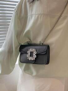 Túi đeo chéo mini đính đá Rhinestone & kim loại, Túi đeo nách thời trang có nắp & Dây đeo vai xích kim loại, Ví thời trang cho nữ - màu đen - Xem 5