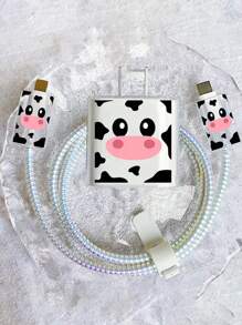 5pcs Set: Cartoon Cow Shaped 1.5m Cable Winder, Data Cable Organizer, Anti-Breaking Charging Cable & Adapter Protector, Compatible With 20W Fast Charging Apple Phone Cable - Pink Black - View 2