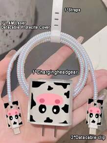 5pcs Set: Cartoon Cow Shaped 1.5m Cable Winder, Data Cable Organizer, Anti-Breaking Charging Cable & Adapter Protector, Compatible With 20W Fast Charging Apple Phone Cable - Pink Black - View 4