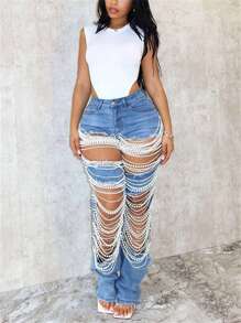 Straight Leg Jeans For Women Mid-Rise Distressed Ripped Hole Pearl Chain Boyfriend Denim Pants - Light Wash - View 4