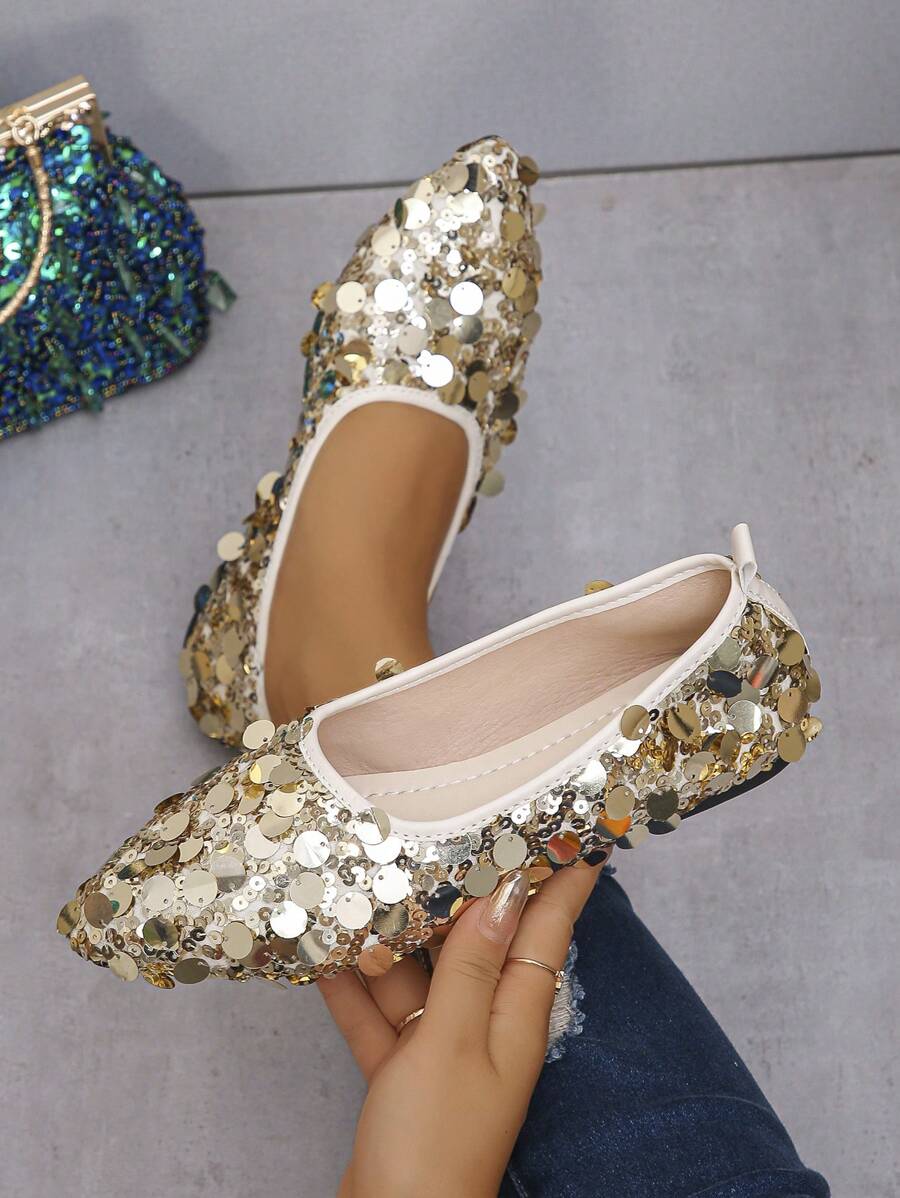 Moda feminina, mocassins baixos com bico fino e glitter, sapatos baixos de salto baixo, novos para o dia a dia/festa de outono, cor dourada com padrão aleatório - Grandes lantejoulas douradas - Ver 1
