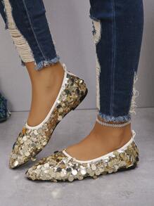 Moda feminina, mocassins baixos com bico fino e glitter, sapatos baixos de salto baixo, novos para o dia a dia/festa de outono, cor dourada com padrão aleatório - Grandes lantejoulas douradas - Ver 2