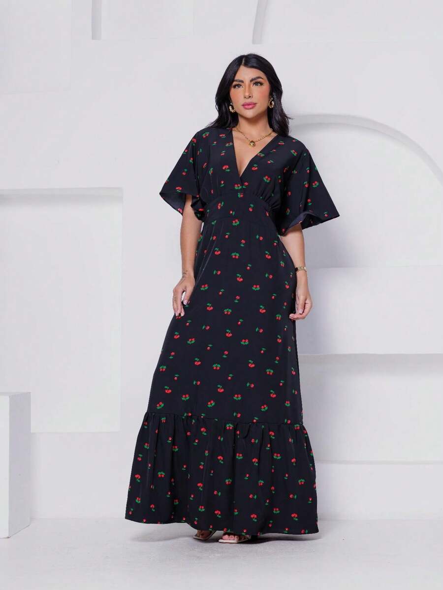 Long Dress Short Sleeve Fitted V-Neck Cherry Print - 黑色 - 查看 1