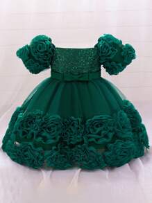 女婴亮片可爱芭蕾舞裙公主裙，适合生日派对和宴会，不含头带 - 墨綠色 - 查看 4