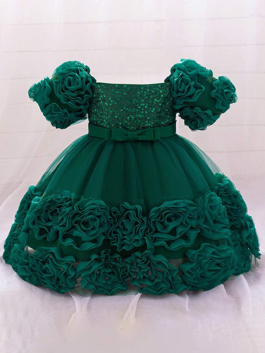 Baby Girls Sequin Cute Tutu Princess Dress For Birthday Party, Suitable For Banquet, Excluding Headband - Dark Green - View 1