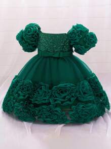 女婴亮片可爱芭蕾舞裙公主裙，适合生日派对和宴会，不含头带 - 墨綠色 - 查看 3