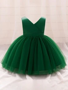 女婴无袖V领露背蝴蝶结花童礼服，适合派对、婚礼、节日等场合，不含头饰 - 墨綠色 - 查看 2