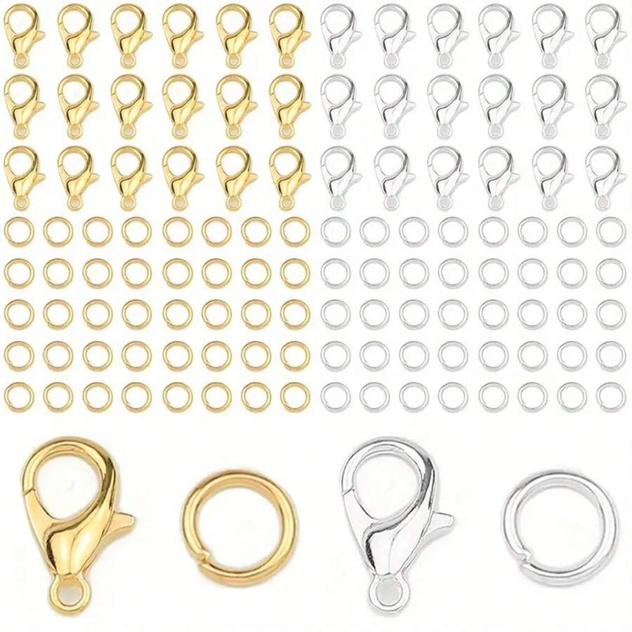 150 件龙虾扣跳环套装，包括 100 件闭合跳环 + 50 件龙虾扣，金银色合金珠宝连接器适用于 DIY 女士手链项链制作 - 一袋 - 查看 1